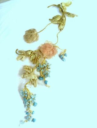 Rare Victorian French Silk Ribbonwork Roses Forget Me Nots On Silk Vine