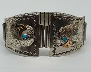 Vtg 6.  5 " Sterling Silver Old Pawn Blue Turquoise Eagle Watch Tips Stainless Band