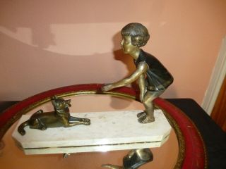 French Art Deco Young Girl With Dog On Marble Base Signed P Sega