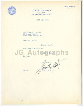 Sam Yorty - 37th Mayor Of Los Angeles - Signed Letter,  1961