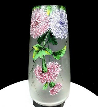 Art Nouveau Satin Glass Handpainted Enamel Floral 9 1/2 " Vase 1920 