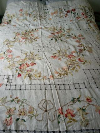 Antique Linen Bedcover Tablecloth Hand Embroidered Woolwork Sweet Peas 78 Sq