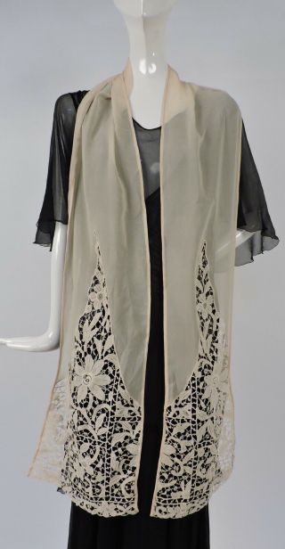 Antique 1920’s Cream Silk Chiffon Stole For Dress W Lace Ends