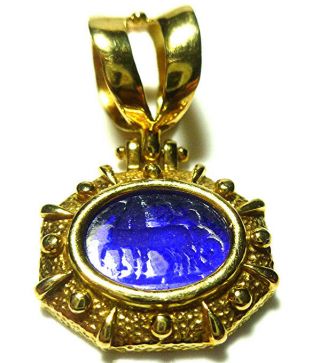 Italy 18k Yellow Gold Etruscan Warrior Carriage Etruscan Blue Intaglio Pendant
