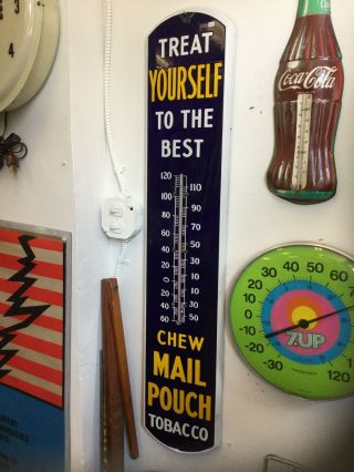 Antique Chew Mail Pouch Tobacco Porcelain Thermometer Sign