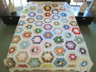 Vintage Hand Pieced Flower Garden Quilt Top,  Cotton & Other Fabrics; 86 " X 69 "