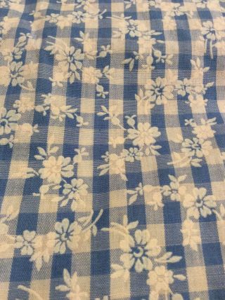 Vintage Fabric - Flocked Flowers On Blue & White Gingham 3.  5 Yards