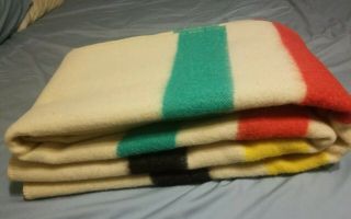 1950s Polar Star Hudson Trader Camp Wool Blanket 4 Stripe Point 72x92 Vtg Usa