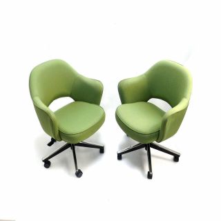 (2) Knoll 71at5gh Saarinen Executive Green Fabric Swivel Arm Chair W/ Casters