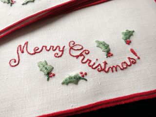 Merry Christmas Vintage Embroidered Linen Cocktail Napkins Set Of 8