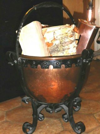 Arts And Crafts Copper & Wrought Iron Fuel Bin & Copper Shovel,  Antique Fire