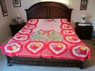 Stunning Vintage Red Peacock Hearts Flwrs Chenille Bedspread 100 X 88 King Size