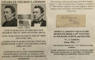 Civil War Shiloh Major 20th/81st Ohio Infantry Lima Congressman Autograph Signed