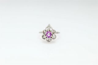 Antique $2400 Natural No Heat Pink Sapphire Diamond Fleur De Lis 14k Gold Ring