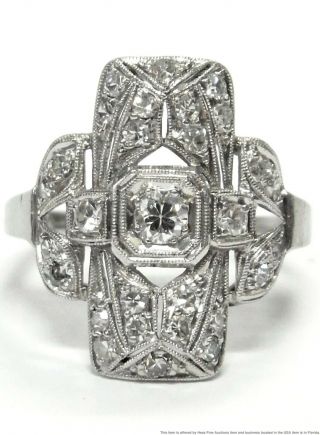 Very Art Deco Platinum Fine Diamond Ring Antique Filigree Large Top Stunner 5.  75