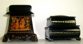 Black Russian Hand Painted Wooden Trinket Boxes Signed