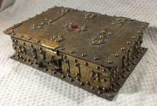 Spectacular Rare Signed Arts And Crafts Hammered Brass Box Medieval Gothic Wow