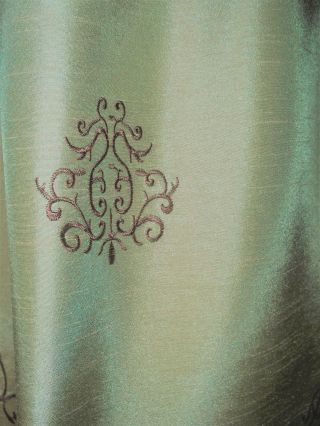 Vintage Green Silky Fabric Drapery Curtain Panels Raised Fleur De Lis Design