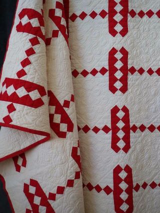 Christmas Colors Antique C1900 Red & White Jacobs Ladder Quilt 84x73 "
