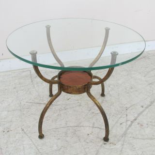 Mid Century Round Italian Gilt Metal Glass Top End Table With Amber Glass Insert