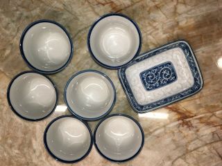 Set Of 6 Blue Chinese Tea Cups And Dish Small Cups Marked On Bottom Blue Rim