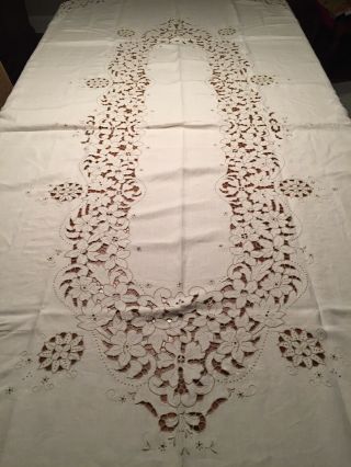 Vtg Madeira Embroidery Ivory Lace Cut Work Oval Tablecloth 12 Napkins