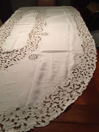 VTG MADEIRA EMBROIDERY IVORY LACE CUT WORK OVAL TABLECLOTH 12 Napkins 2