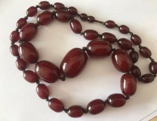 Antique Cherry Amber Bakelite Barrel Beads Necklace 84.  4 Gms