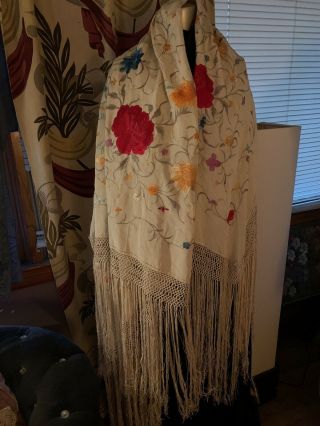 Sweet Antique Embroidered Piano Shawl