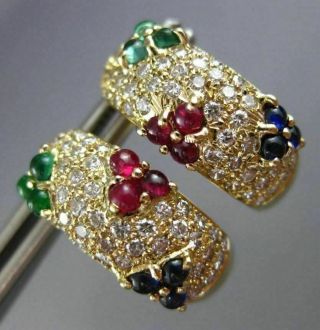 Wide 2.  60ct Diamond & Ruby Sapphire Emerald 18k Yellow Gold Flower Hoop Earrings