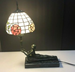 Art Deco Spelter Lamp With Stained Glass Shade
