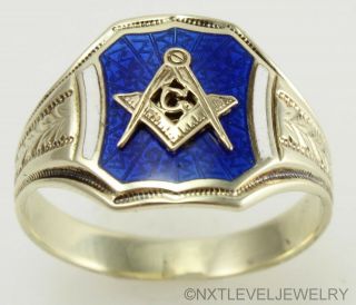 Antique 1920 ' s Art Deco Masonic RARE Guilloche Enamel 14k Solid Gold Mens Ring 2