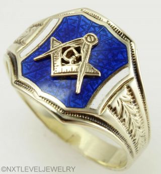 Antique 1920 ' s Art Deco Masonic RARE Guilloche Enamel 14k Solid Gold Mens Ring 3
