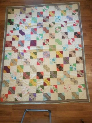 Vintage Square Patchwork Hand Stitched Quilt Twin Size 67 X 82