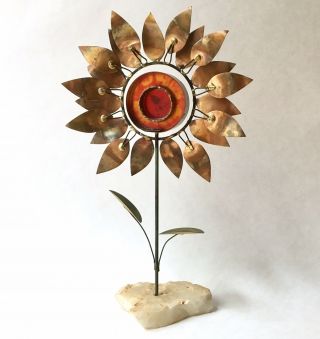 Modernist Vintage Curtis Jere Copper & Brass Red Sunflower Sculpture 1968 Signed