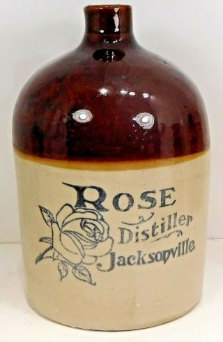 C1910 Htf Stoneware 1/2 Gal.  Jug W/ Rose - Rose Distiller Jacksonville,  Fla