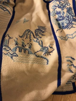 Vintage Wool Blanket Throw 56”x49” Tan Blue Cross Stitch Oriental Theme