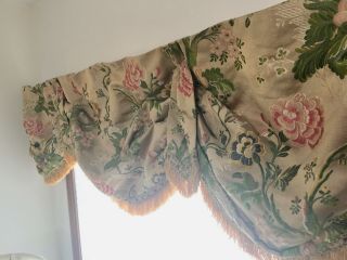 Pair Vintage French Silk Brocade Valance With Fringe Floral Woven Linen Back