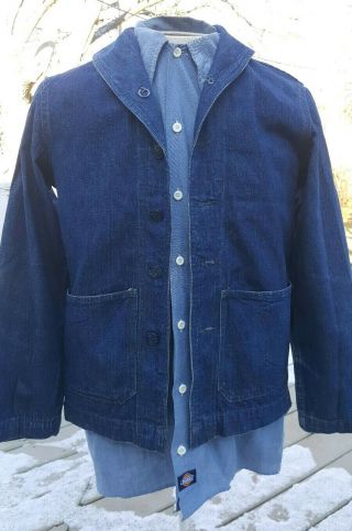 Vintage 1940s Wwii Navy Shawl Collar Denim Jacket Men Medium Indigo Blue Ww2 Usn