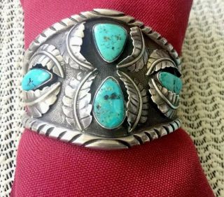 Large Sterling Silver Vintage Old Pawn Navajo Turquoise Cuff Bangle Bracelet.