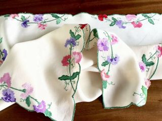 Vintage Hand Embroidered Cream “ Sweet Pea “ Linen Tablecloth 32x34 Inches