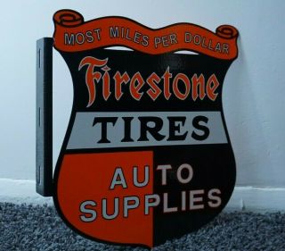 Vintage Firestone Tires Porcelain Enamel Sign Gas Oil Flange Double Sided Dealer