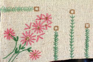 Antique Table Cover Crib Arts & Crafts Hand Embroidered Raw Linen Cotton 56x42