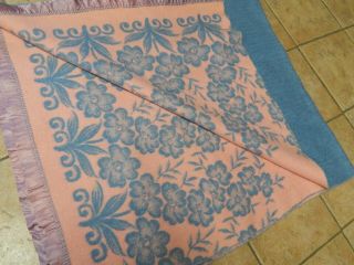 Vtg Esmond 100 Wool Blue / Pink Floral Design Reversible Blanket