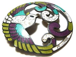 Margot De Taxco Mexico Sterling Silver Enamel Round Bird Brooch Pin Pendant 2 "
