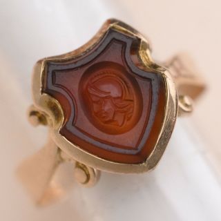 Antique Victorian 10k Gold Carved Carnelian Hardstone Intaglio Shield Sz 7 Ring