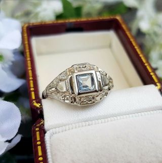 Vintage Art Deco 18ct White Gold Blue Topaz Statement Shield Ring / Size P Or 8