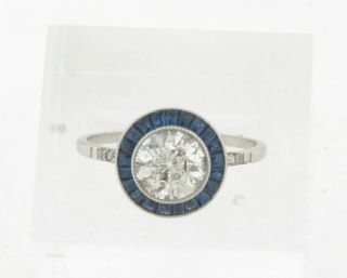 Art Deco 1.  48 Old Mine Cut Diamond Halo Sapphires Platinum Ring