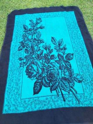 Vintage San Marcos Floral Roses Reversible Blanket Emerald Green & Black 63 X 85