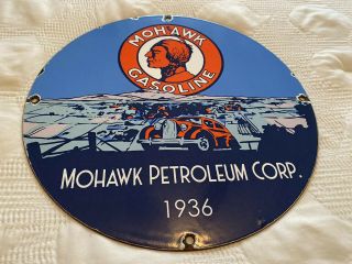 Vintage Mohawk Gasoline Porcelain Sign,  Gas Station,  Pump Plate,  Motor Oil,  1936